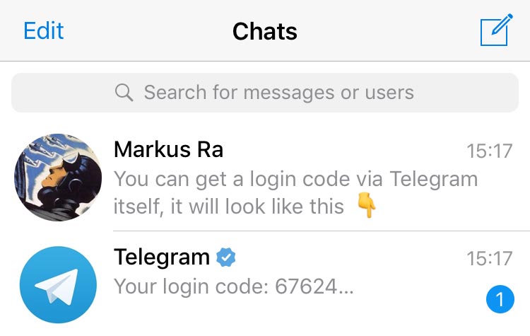 Введення коду підтвердження Telegram після встановлення на новому пристрої
